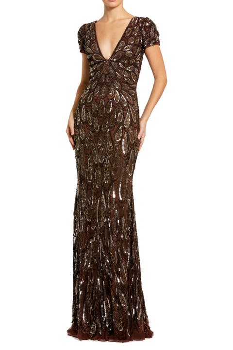 Beaded Embellished V Neck Cap Sleeve Column Gown