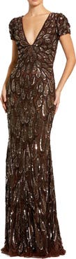 Mac Duggal Beaded Embellished V Neck Cap Sleeve Column Gown
