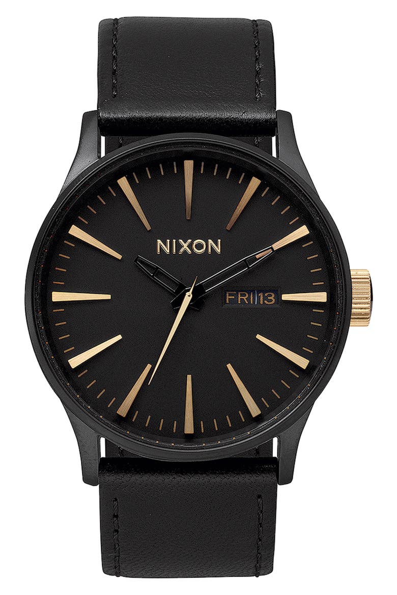 The Sentry Leather Strap Watch, 42mm, Main, color, MATTE BLACK / GOLD