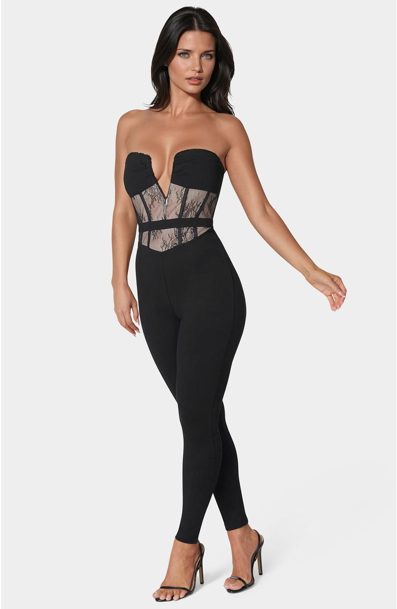 bebe Lace Corset Catsuit, Alternate, color, Black