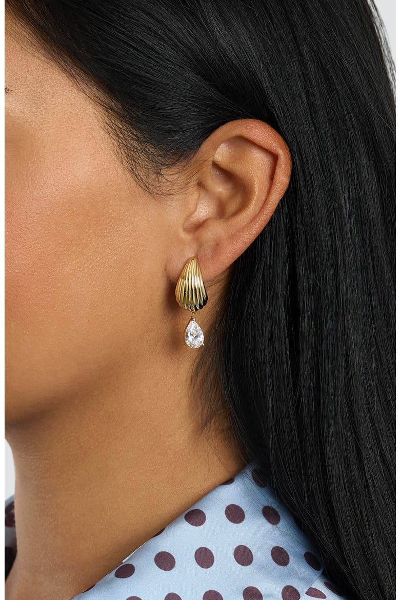 Cubic Zirconia Drop Fluted J-Hoop Earrings, Alternate, color, GOLD