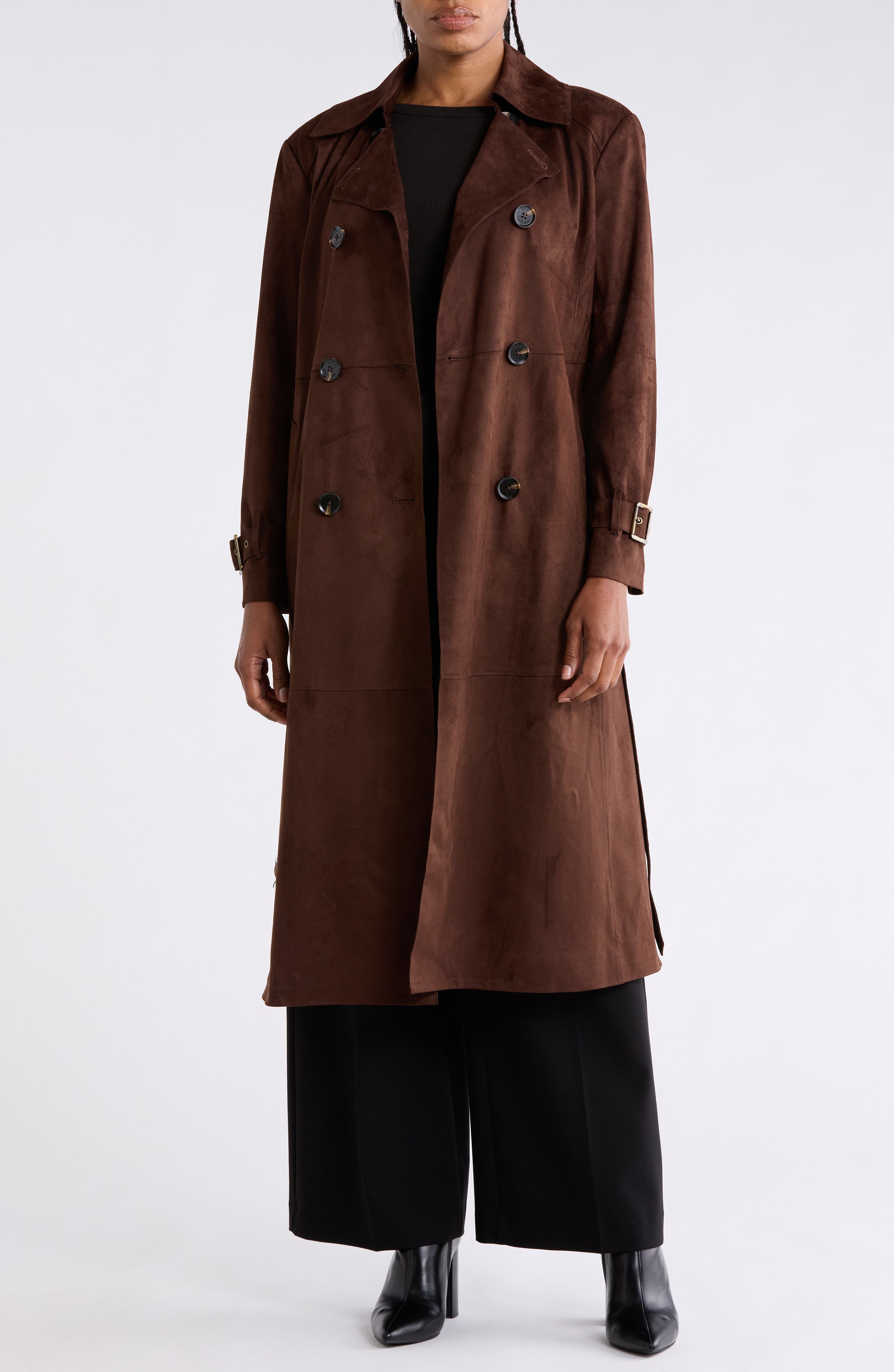 Double Breasted Faux Suede Trench Coat