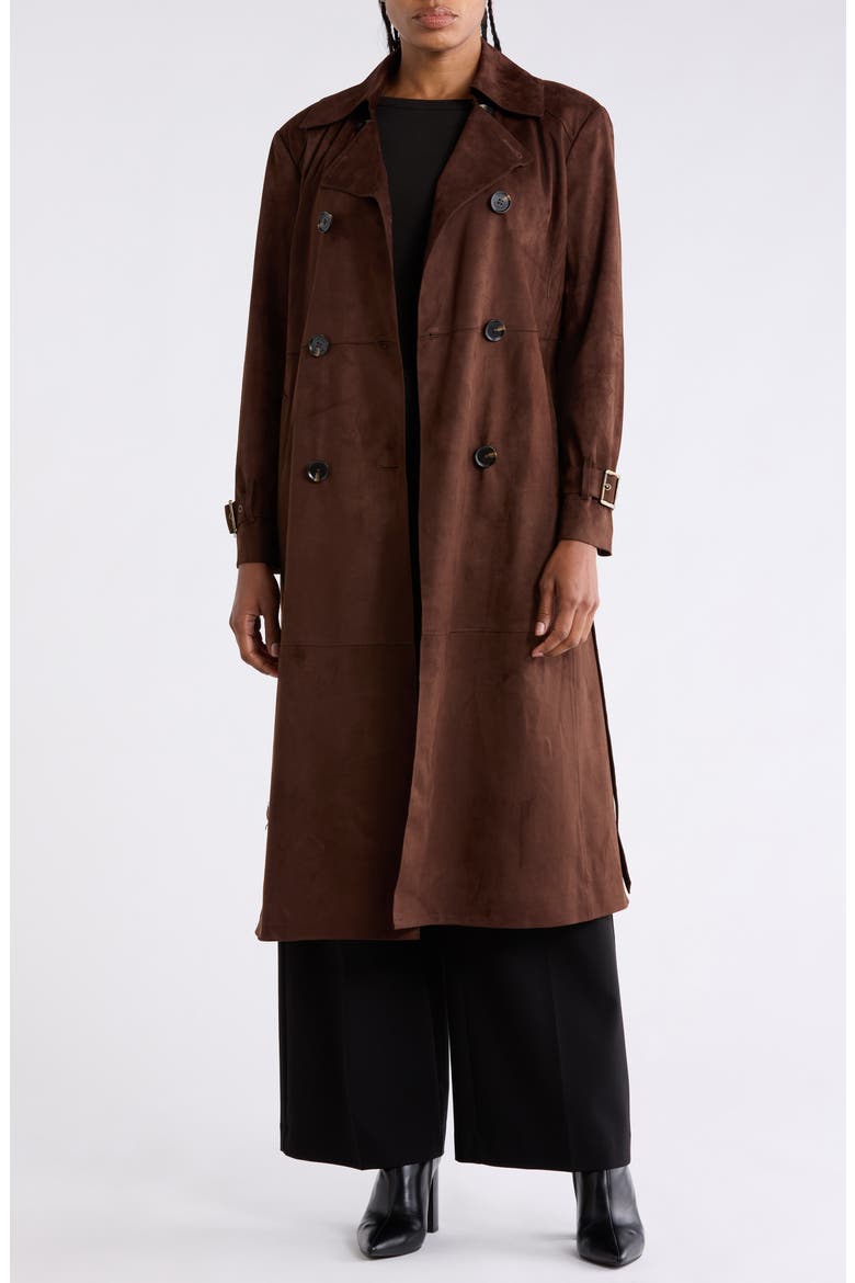 Double Breasted Faux Suede Trench Coat, Main, color, CHOCOLATE