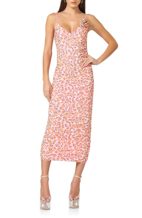 Amina Printed Rosette Mesh Dress