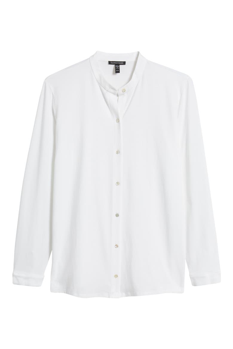 Band Collar Jersey Button-Up Shirt, Alternate, color, WHITE