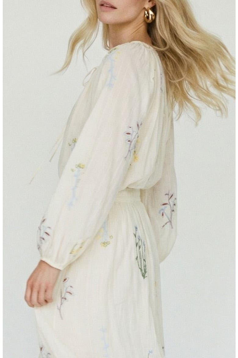 Lina Leaf Embroidered Button-Up Top, Alternate, color, SNOW WHITE DETAILCOLORFUL EMB