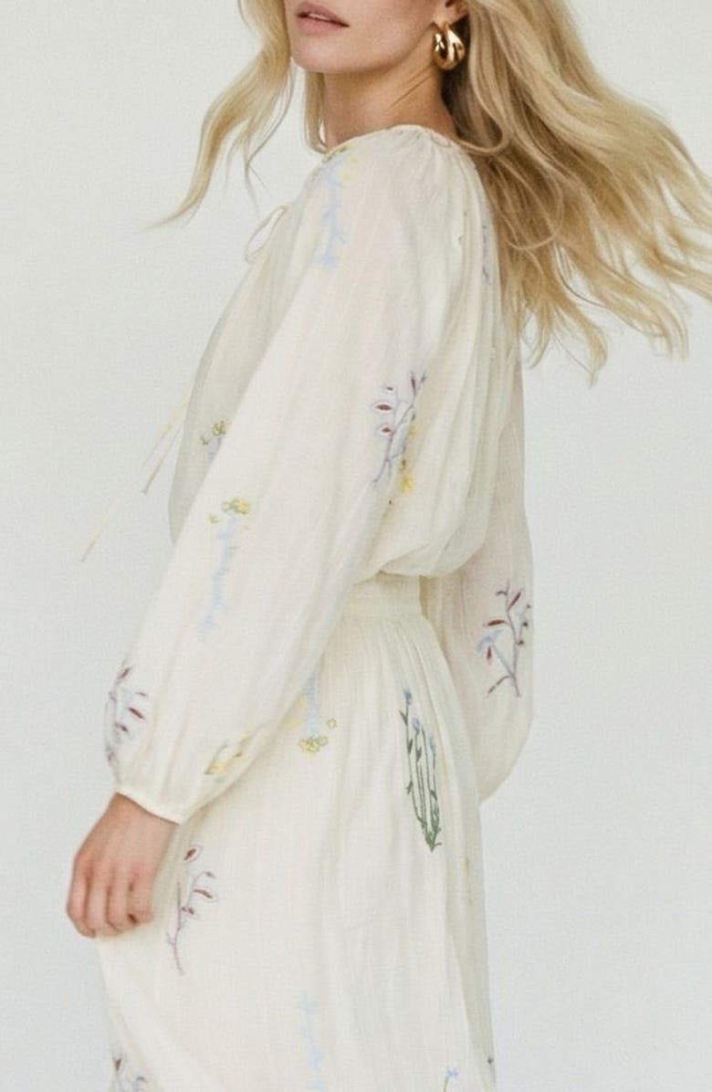 VERO MODA Lina Leaf Embroidered Button-Up Top, Alternate, color, Snow White Detailcolorful Emb