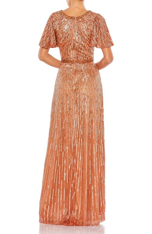 Mac Duggal Embellished V Neck Butterfly Sleeve Column Gown In Copper