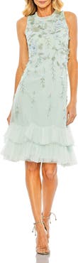 Mac Duggal Embellished Ruffle Tiered High Neck Floral Dress