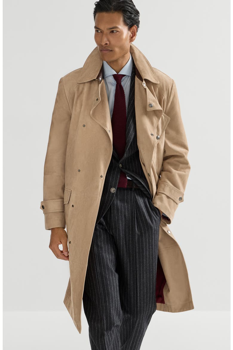 Suede motorcyle trench with nappa leather inserts, Alternate, color, Sand