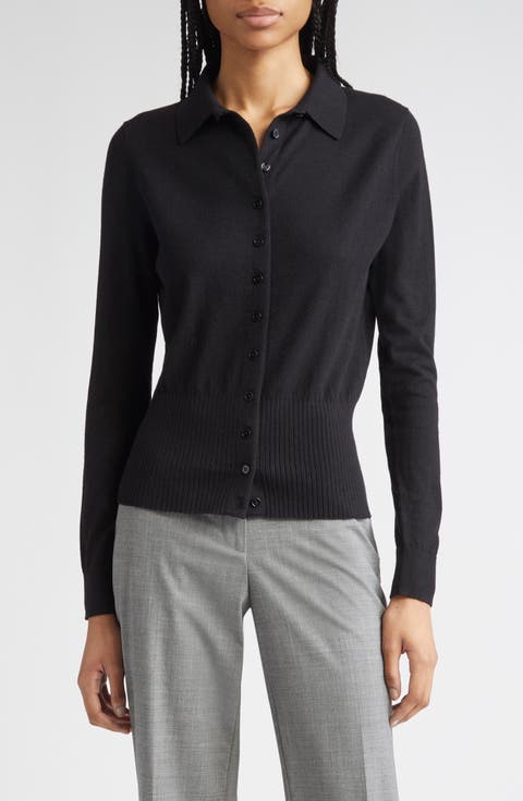 Rib Trim Button Front Polo Cardigan