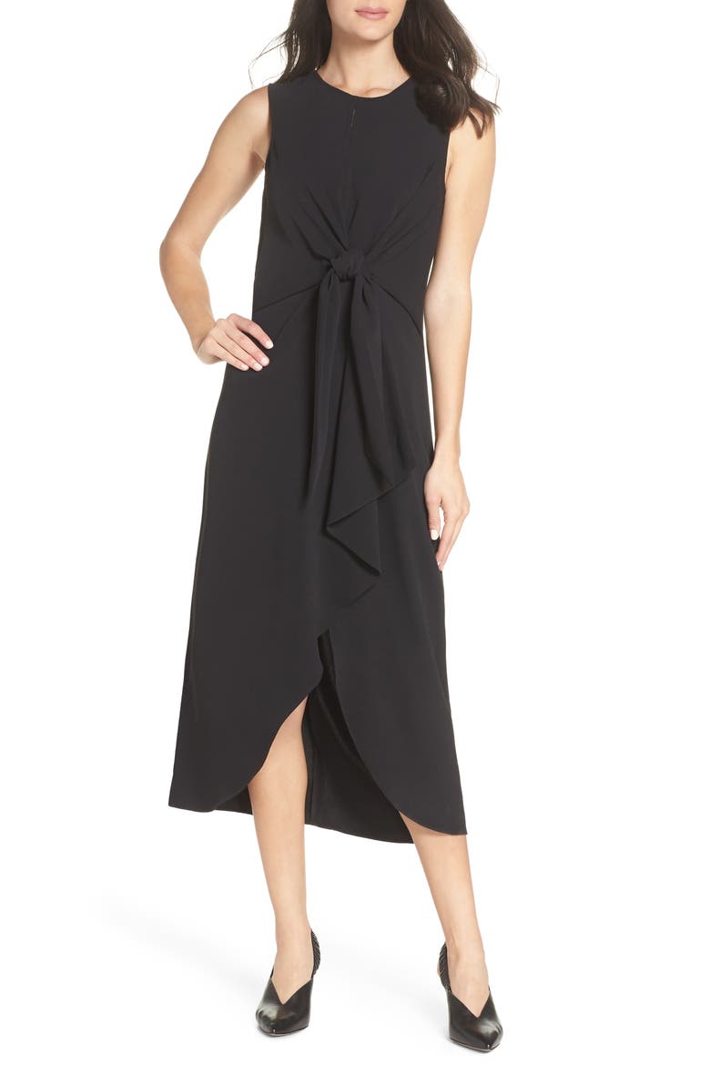 Tie Front Midi Dress, Main, color, BLACK
