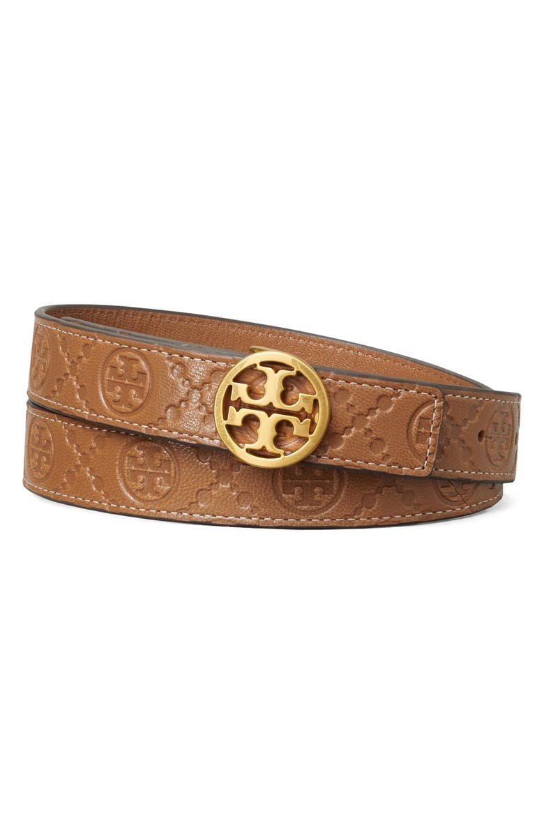Tory Burch Logo Monogram Embossed Leather Belt, Main, color,