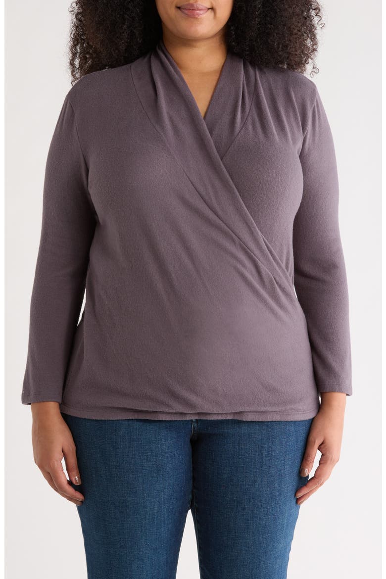 Surplice V-Neck Long Sleeve Brushed Knit Top, Main, color, DARK CEMENT