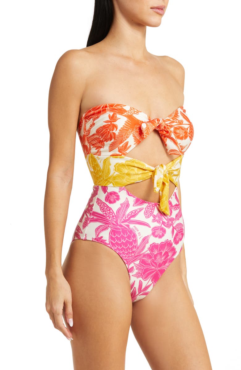 FARM Rio Tropical Woodcut Strapless Cutout One-Piece Swimsuit, Alternate, color,