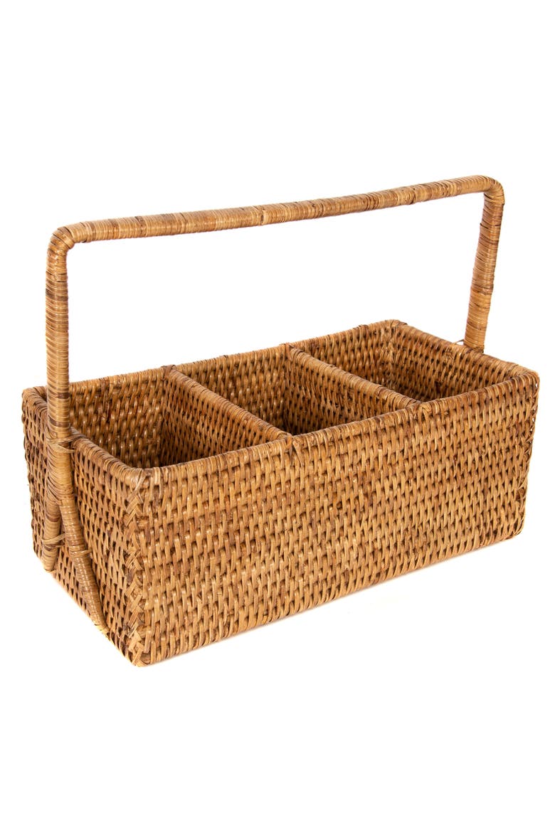Rattan 3-Section Cutlery Caddy with Handle, Main, color, Honey Brown