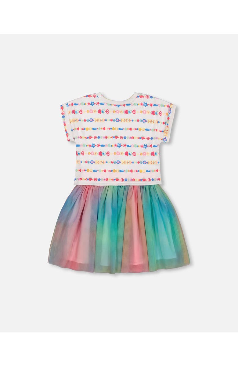Deux par Deux Little Girl's Bi-Material Dress With Mesh Skirt Multicolored Tie Dye And White, Alternate, color, 