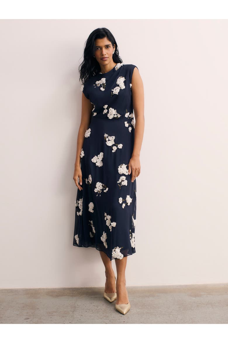 Embroidered Floral Midi Dress Cap Sleeve, Main, color, Navy
