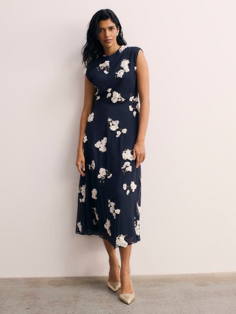 Embroidered Floral Midi Dress Cap Sleeve