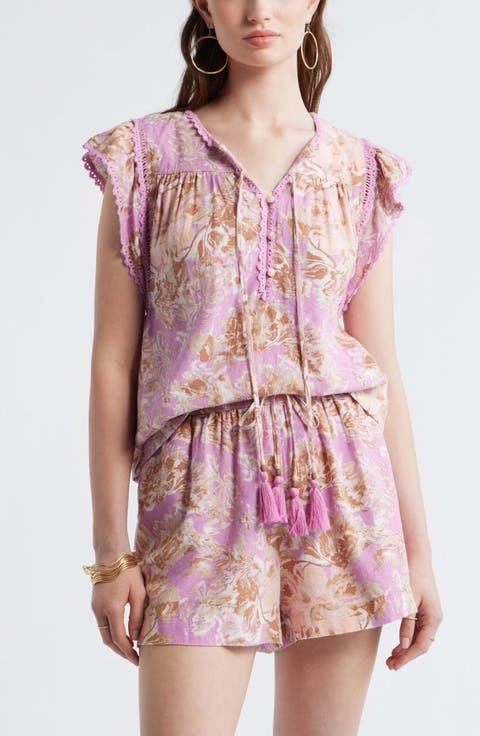 Crochet Trim Linen Blend Top