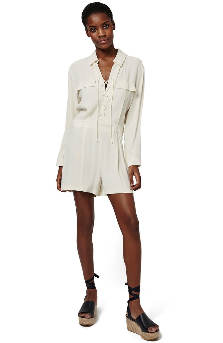 Topshop Lace-Up Long Sleeve Romper, Main, color, Cream