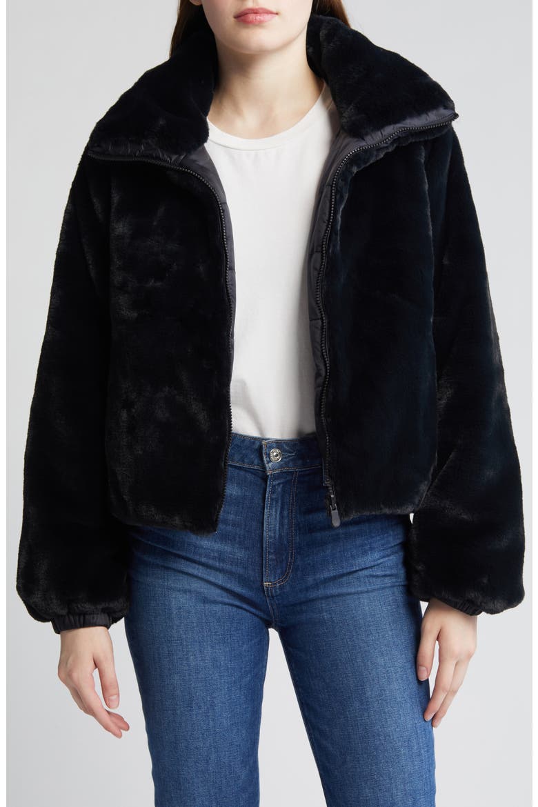 Jeon Wind & Water Resistant Reversible Faux Shearling & Recycled Polyester Puffer Jacket, Alternate, color, BLACK