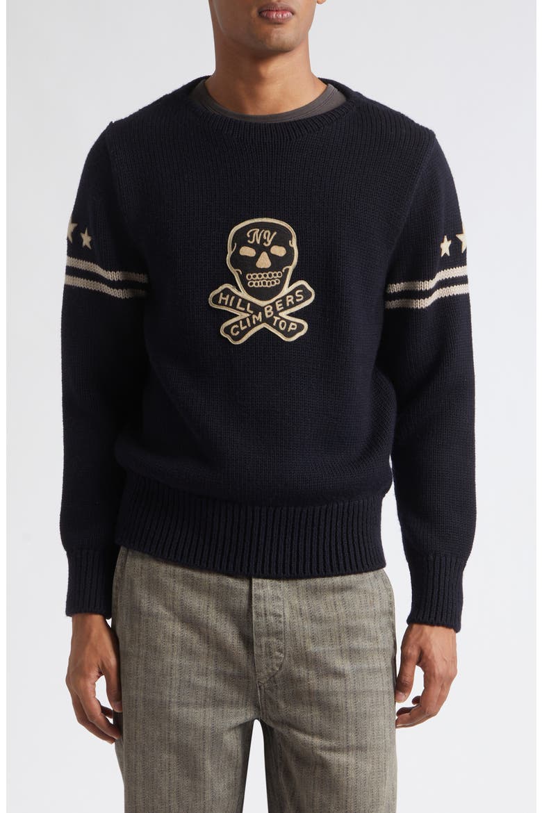 Hilltop Climbers Appliqué Wool Sweater, Main, color, DARK NAVY