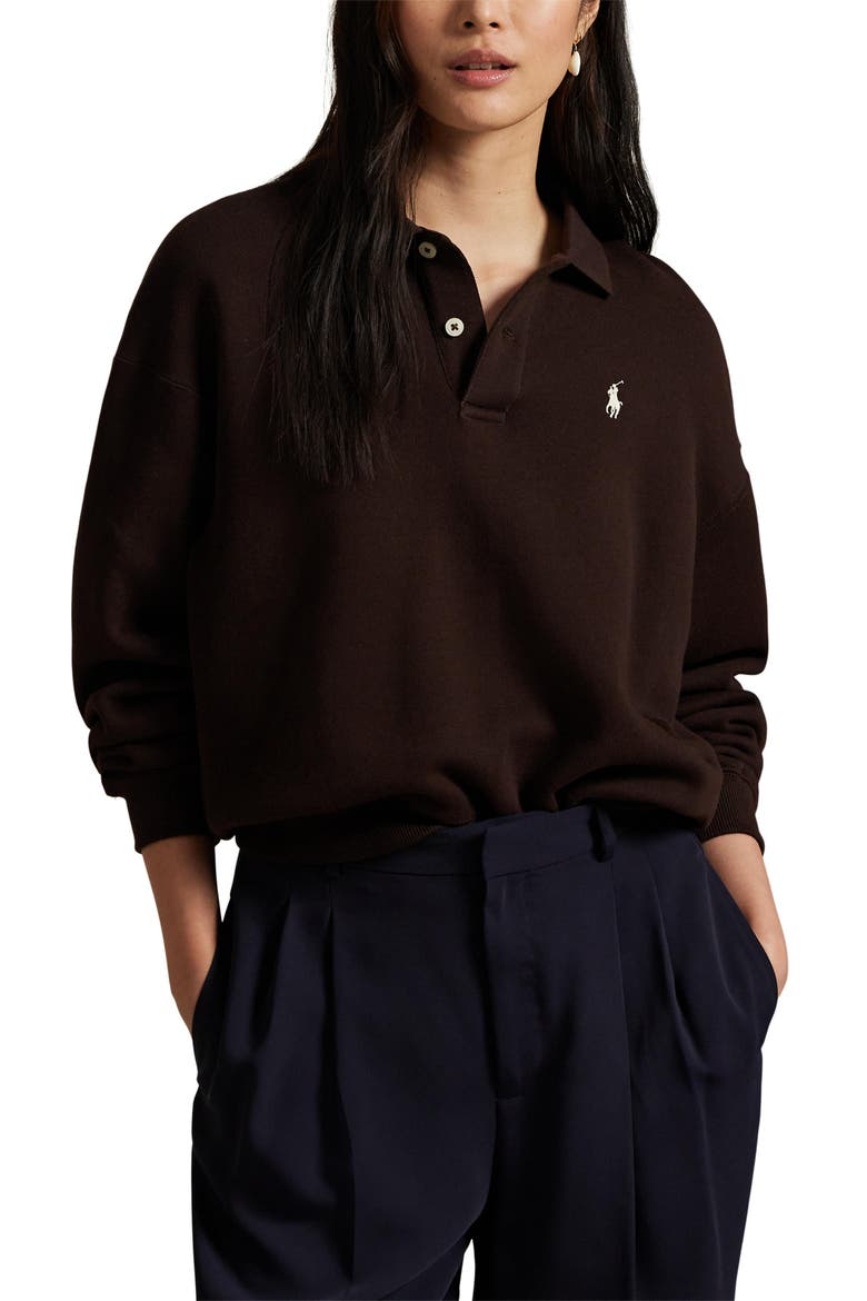 Cotton Blend Fleece Polo Sweatshirt, Main, color, BROWN