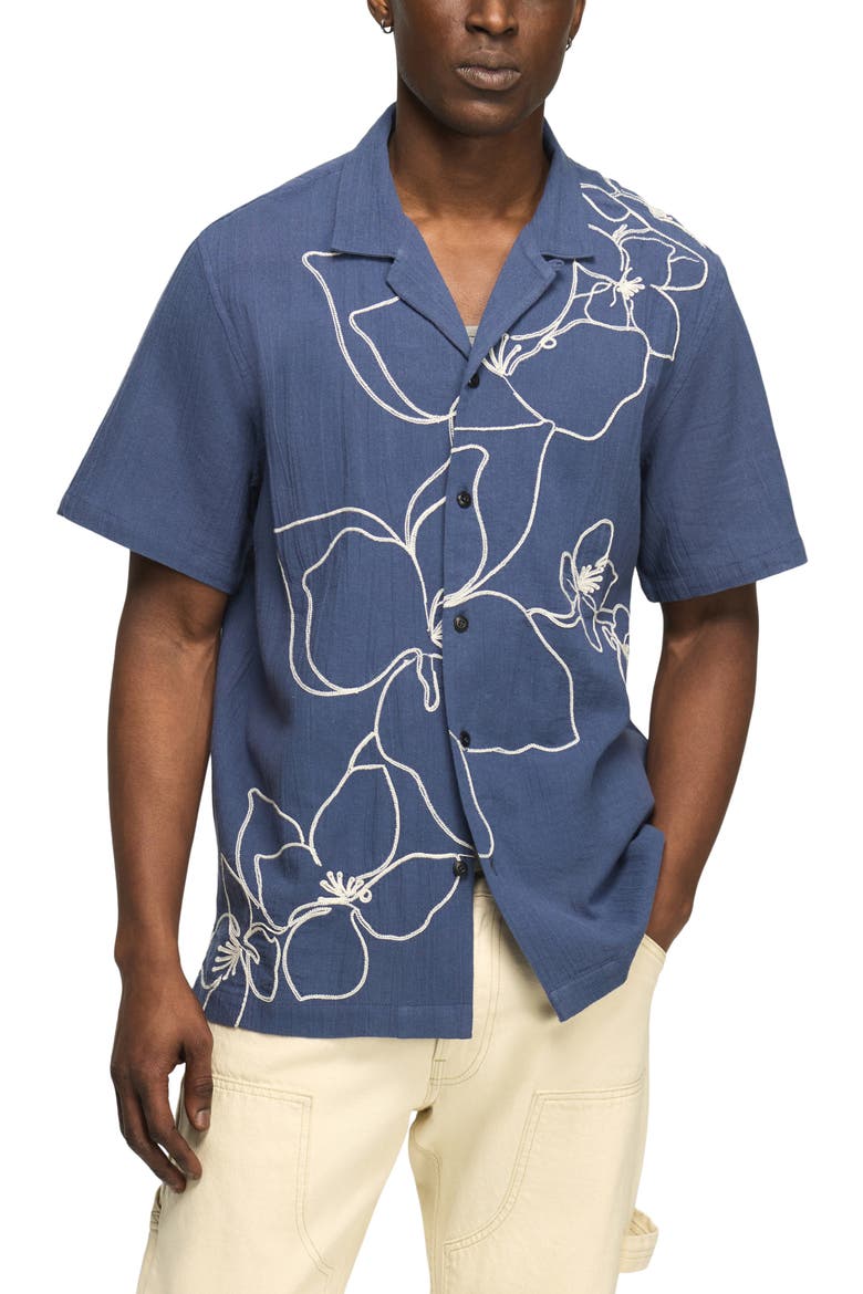 Floral Embroidered Cotton Camp Shirt, Main, color, 458 BLUE
