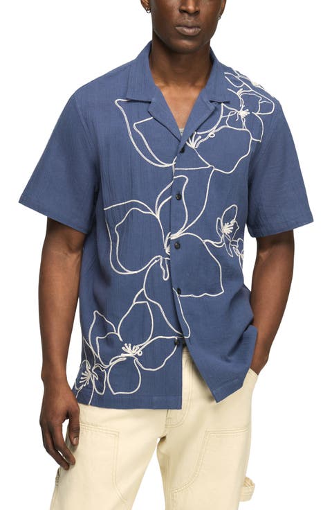 Floral Embroidered Cotton Camp Shirt