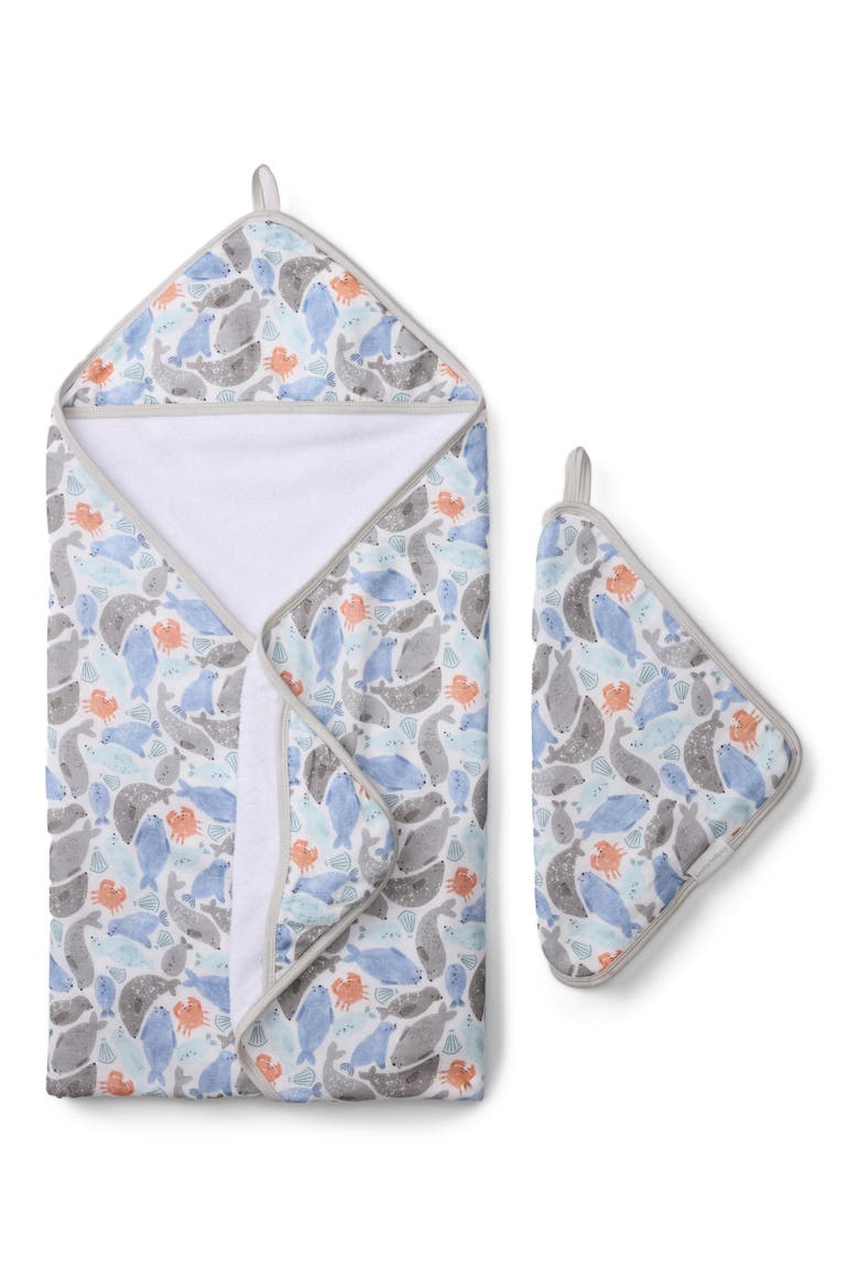 Print Muslin Hooded Towel & Washcloth Set, Main, color, SEALS