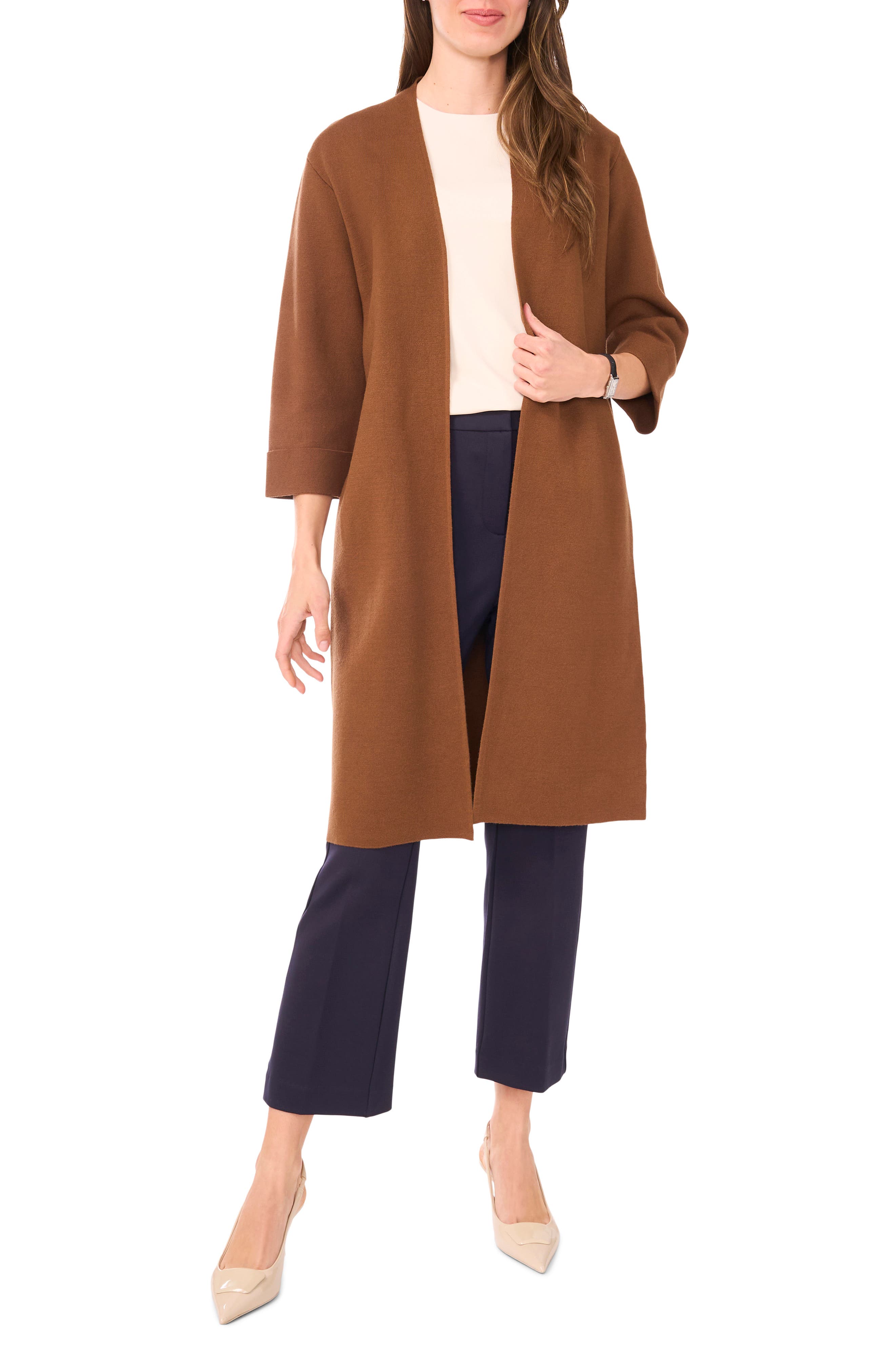 Halogen® Open Front Three Quarter Sleeve Longline Cardigan