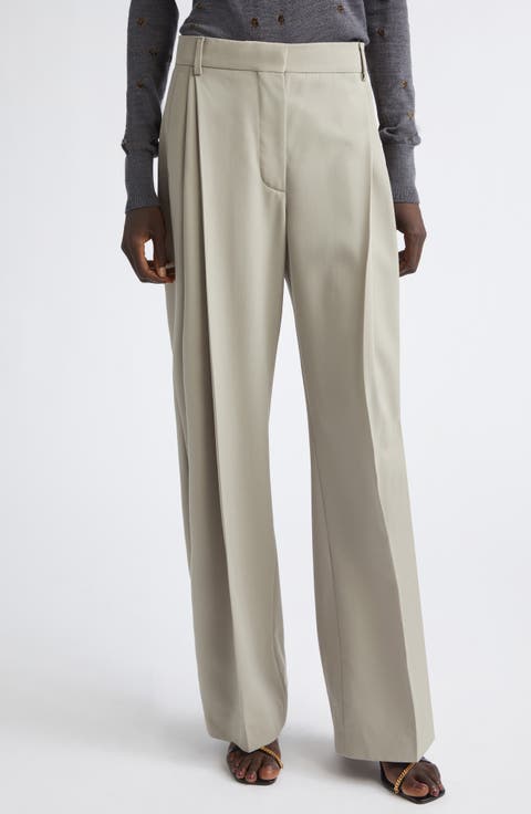 Straight Leg Pleated Wool Pants