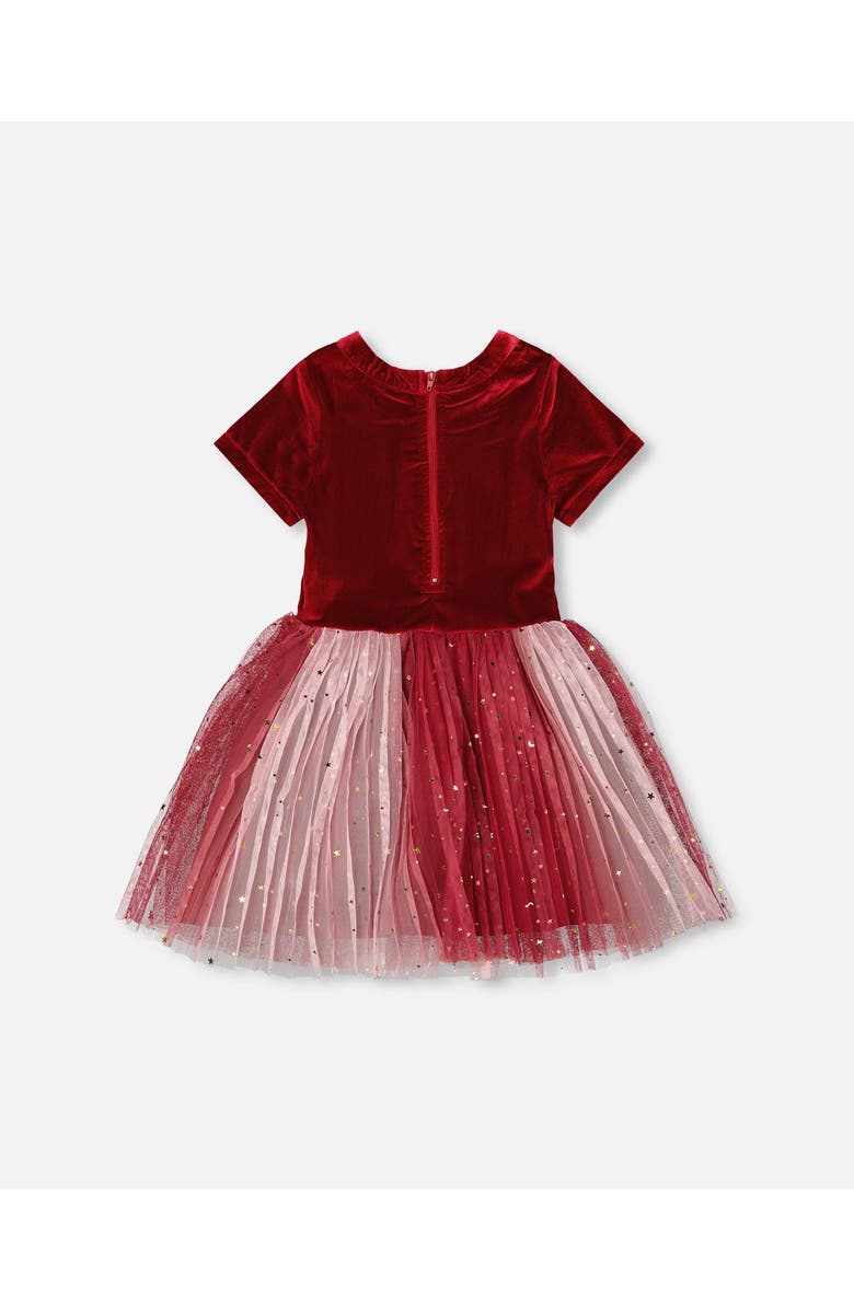 Deux par Deux Bi-Material Short Sleeve Party Dress, Alternate, color, Red