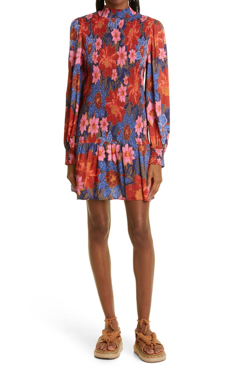 FARM Rio Garden Print Smocked Long Sleeve Minidress, Main, color, 