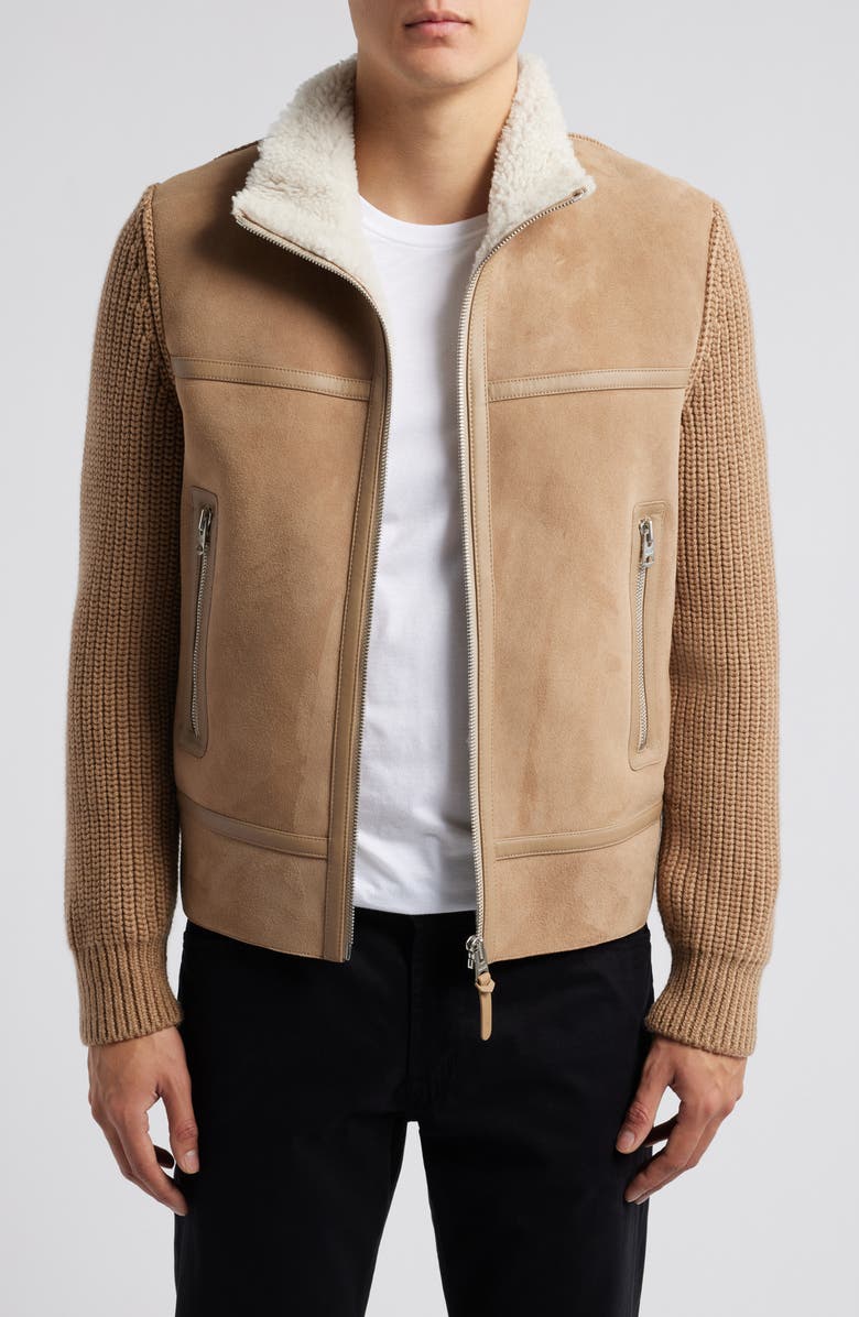 Mackage Jonathan Mixed Media Merino Wool & Shearling Jacket, Main, color, Light Camel-Natural