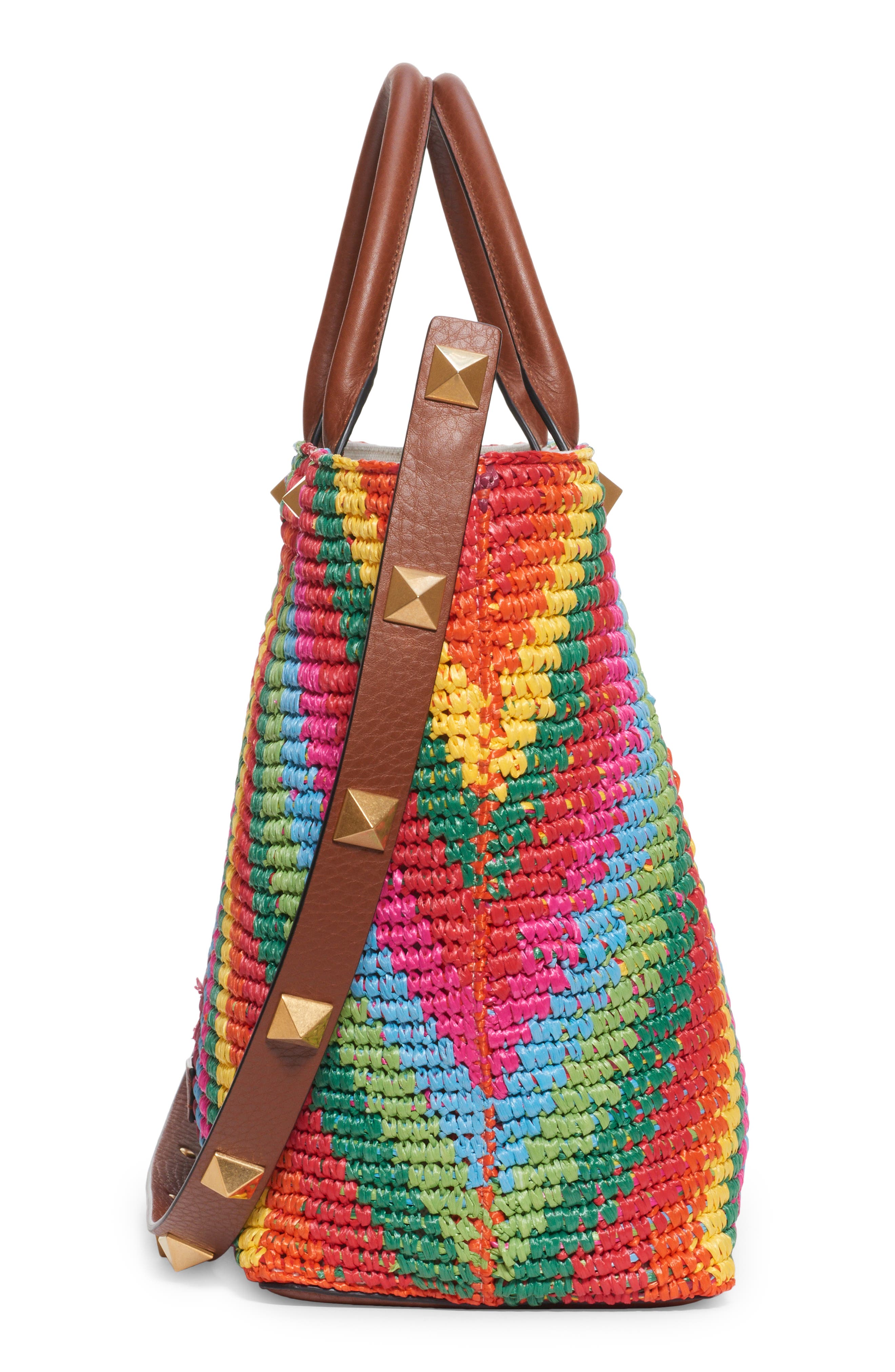 Valentino Garavani Roman Stud Rainbow Raffia Tote, Alternate, color, 