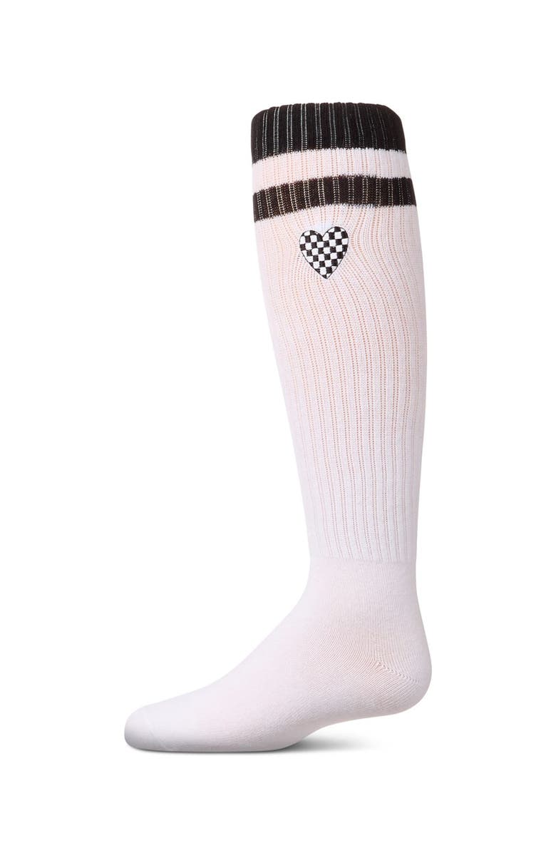 MeMoi Ribbed Varsity Stripe Checkered Heart Rich Knee Sock, Main, color, Black