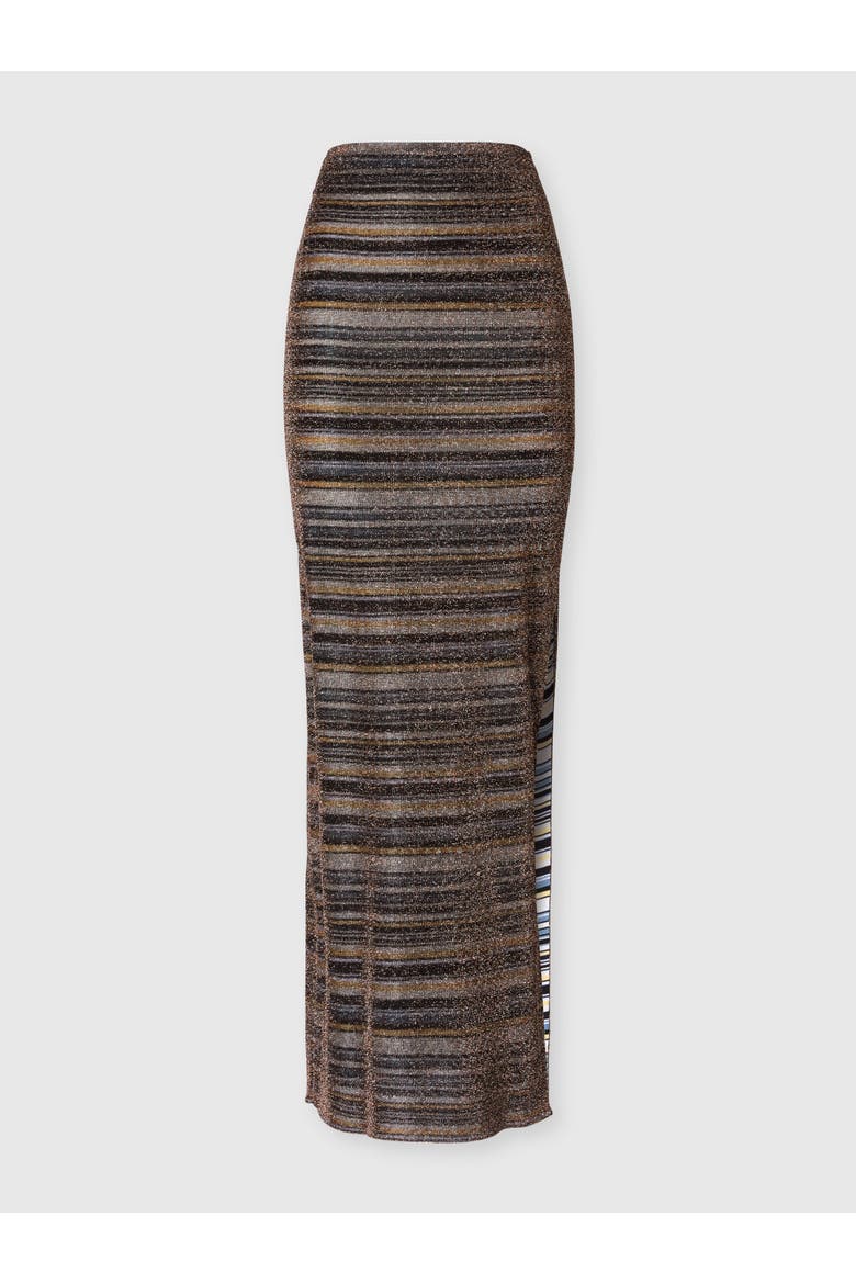 Long Skirt In Striped Viscose Lamé With Slit, Main, color, Gold& Beige