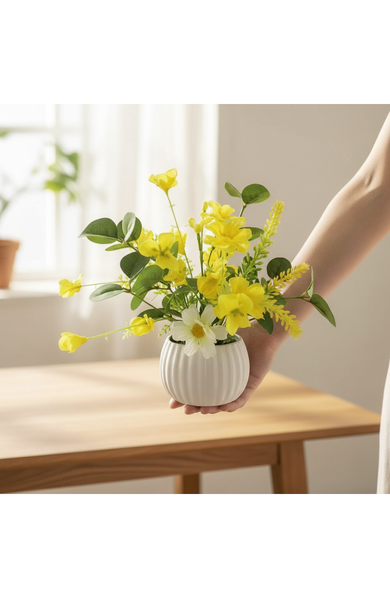 Transpac Season's Designs Artificial Yellow Flower Arrangement in White Vase, 8" Daisy Bowl,, Alternate, color, Multicolored