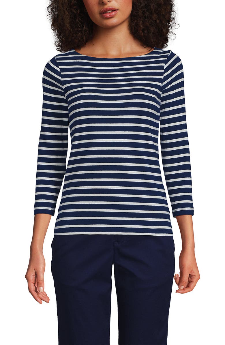 Lands' End Mariner Jersey Boatneck Top, Main, color, Deep Sea/Ivory Breton Stripe
