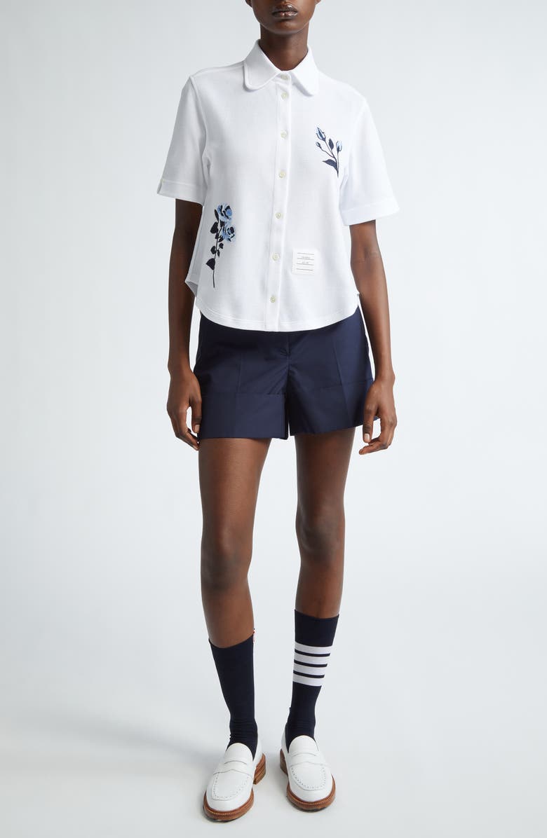 Thom Browne Embroidered Short Sleeve Cotton Button-Up Shirt, Alternate, color,