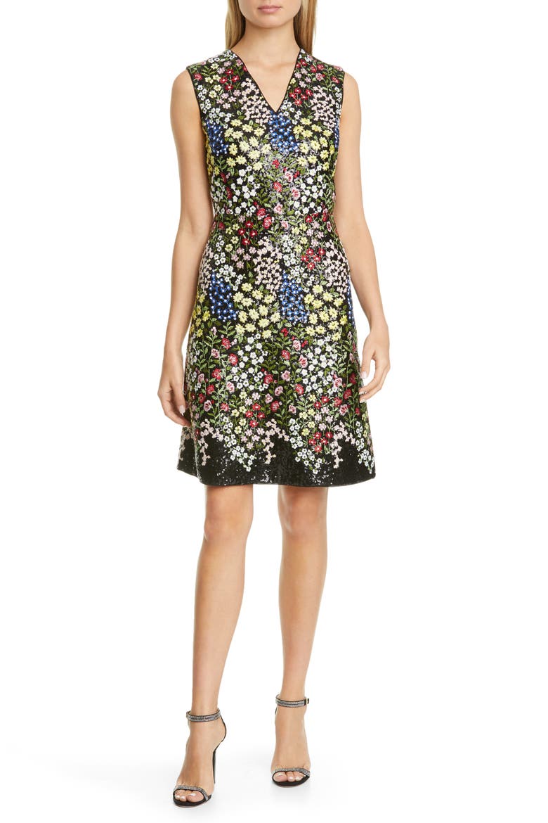 Sequin & Floral Embroidered A-Line Dress, Main, color, BLACK MIX