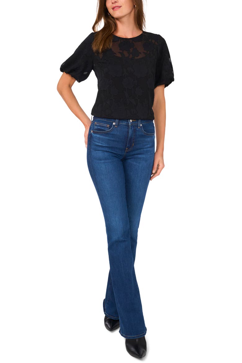 Puff Sleeve Jacquard Chiffon Top, Alternate, color, RICH BLACK