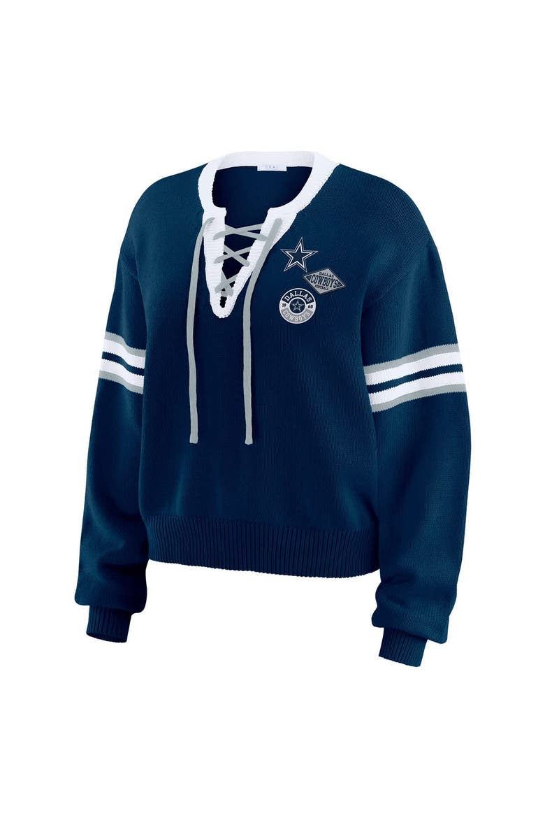 Women's WEAR by Erin Andrews Navy  Dallas Cowboys Lace-Up Sweater, Alternate, color, Navy