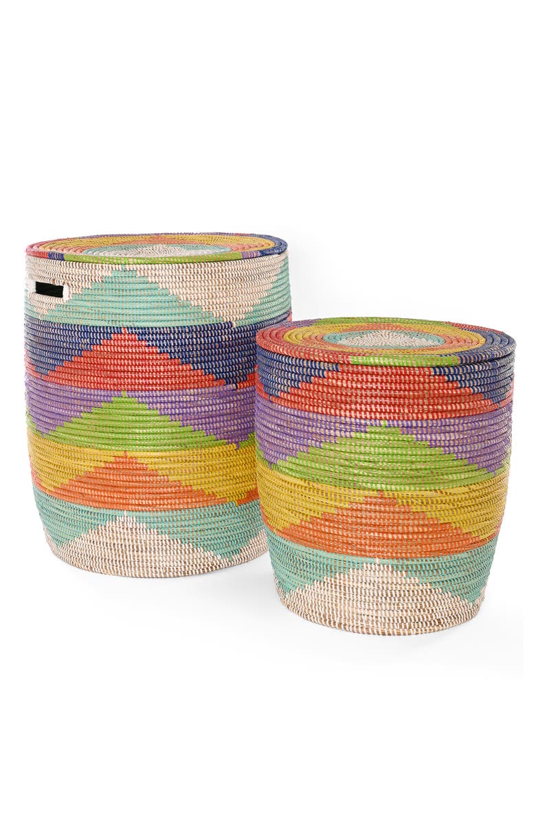 African Modern Set of Two Rainbow Mountains Flat Lidded Hampers, Main, color, Rainbow