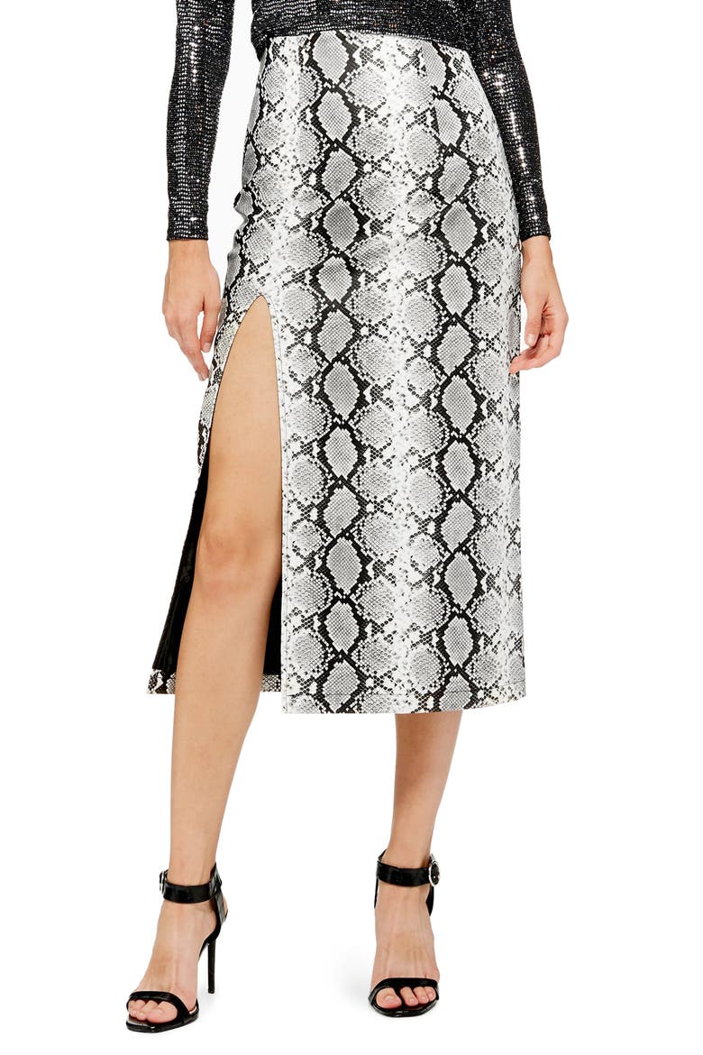 Snake Print Faux Leather Midi Skirt, Main, color, BLACK MULTI