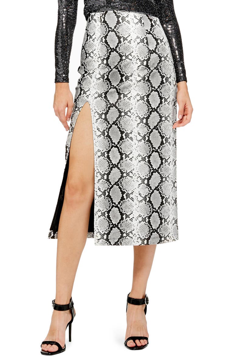 Topshop Snake Print Faux Leather Midi Skirt, Main, color, 