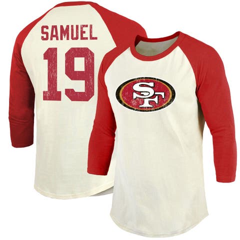 Men's Majestic Threads Deebo Samuel Cream/Scarlet San Francisco 49ers Vintage Player Name & Number 3/4-Sleeve Fitted T-Shirt
