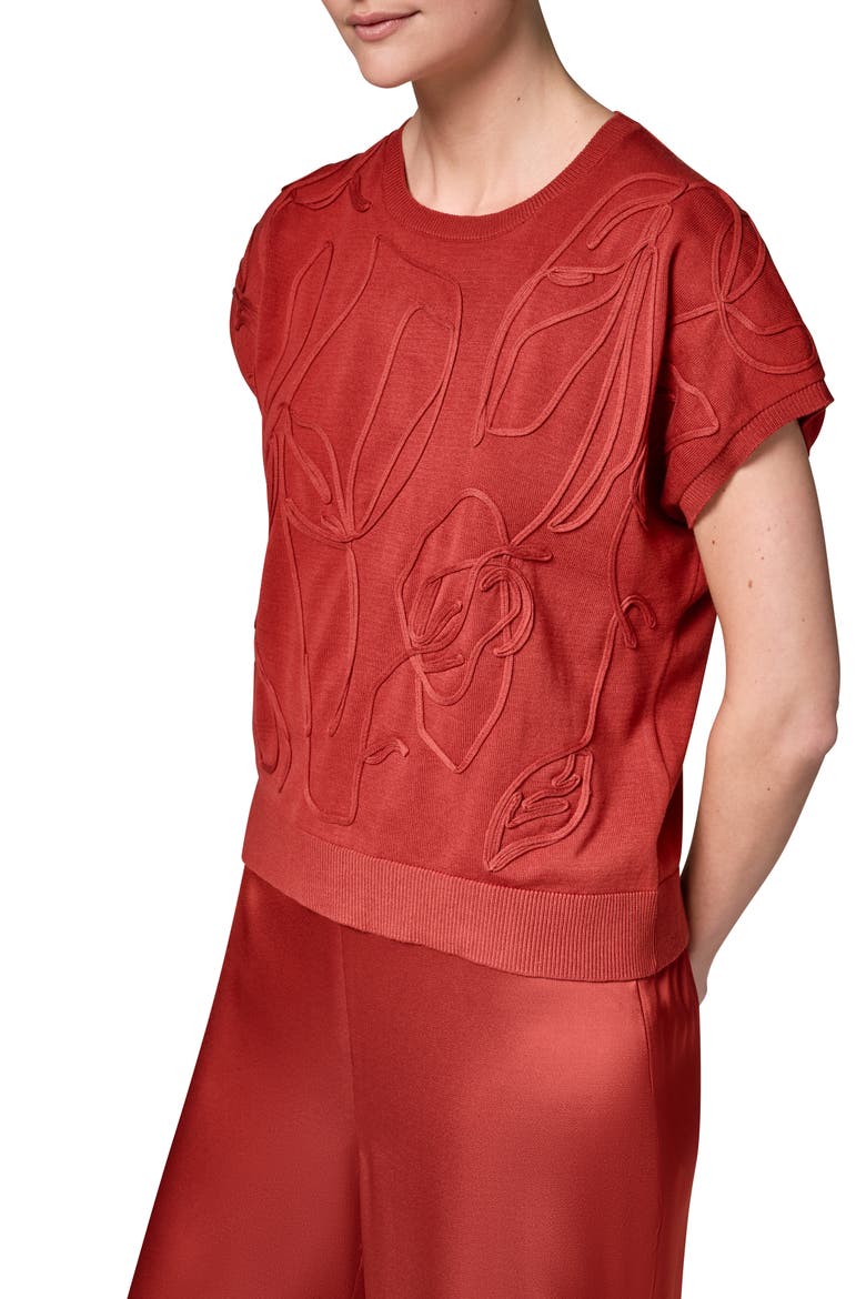 Embroidered Short Sleeve Cotton Sweater, Alternate, color, SUNBAKED